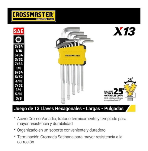 Imagen 4 de 9 de Juego 13 Llaves Allen Largas Pulgadas Crossmaster 9942999.1