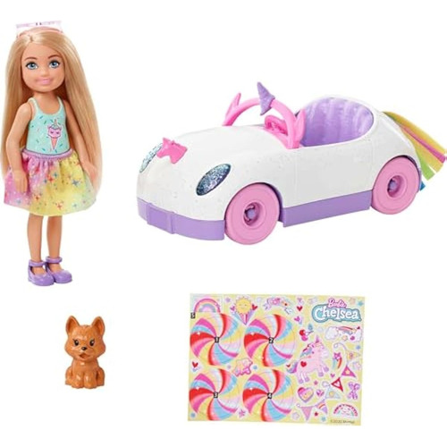 Barbie Chelsea Doll &amp; Unicorn Toy Car, Muñeca