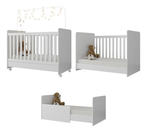 Berço Americano 3x1 com Colchão, Poltrona Amamentação e Puff Bambino Multimóveis MP4101 Cor Branco/Cinza