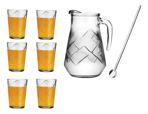 Set Jarra De Vidrio 1,5lt + 6 Vasos De 250ml + Cuchara Larga