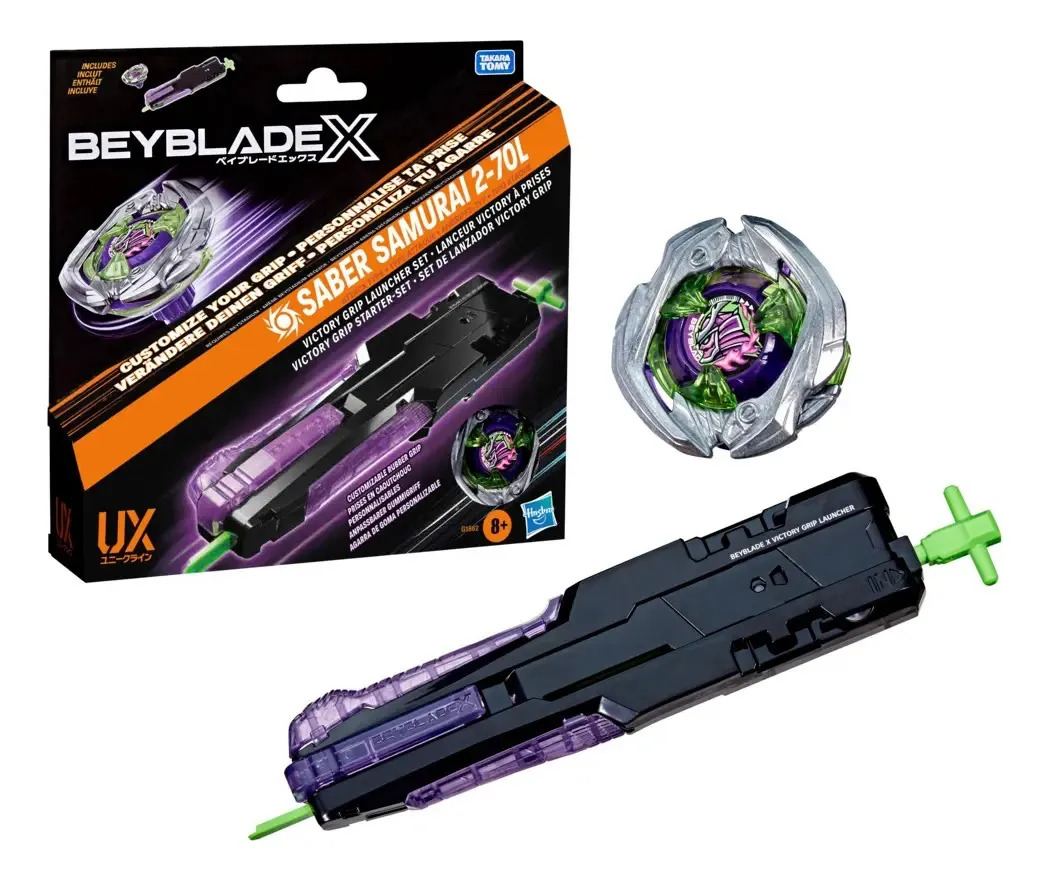 Set Lanzador Victory Grip Beyblade X Saber Samurai 2-70l 8+ Verde