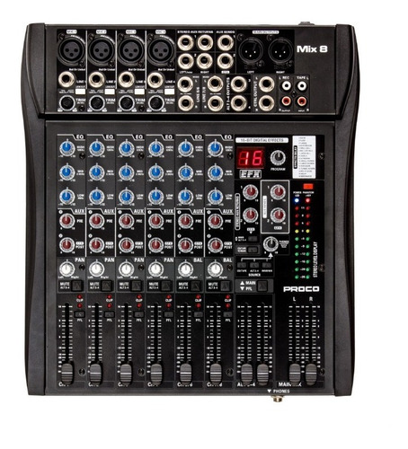Proco Mix 8 Consola Sonido Audio Mixer Fx Pfl Mute Phantom