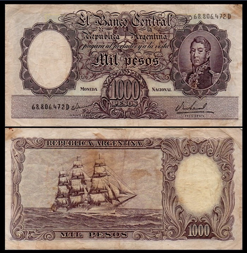 Billete Argentina - 1.000 Pesos Moneda - 1968