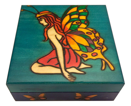 Diseño Vintage Hada Caja Madera Esmalte Hecho Mano Mariposa