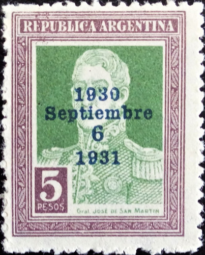 Argentina, Sello Gj 707 S Martín 5p Resello 31 Nuevo L14640