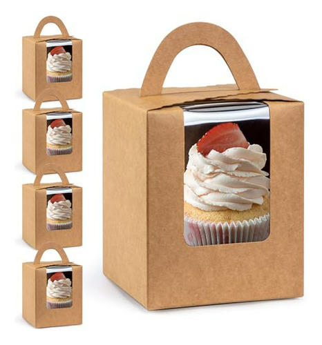 Caja Para Cupcakes Kraft Con Ventana Y Asa.