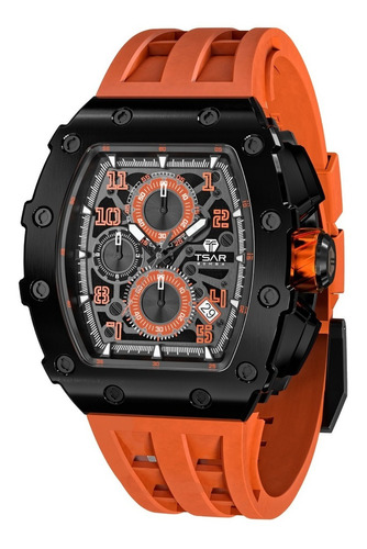 Reloj de pulsera TSAR BOMBA TB8204 de cuerpo color plateado, analógico, para hombre, fondo naranja, con correa de silicona color naranja, bisel color negro y hebilla de gancho