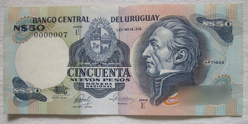 Billete Uruguay 50 Nuevos Pesos Bajo Nro De Serie 0000007