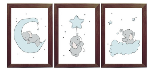 3 Quadros Decorativos Elefante Bebê Estrelas Lua