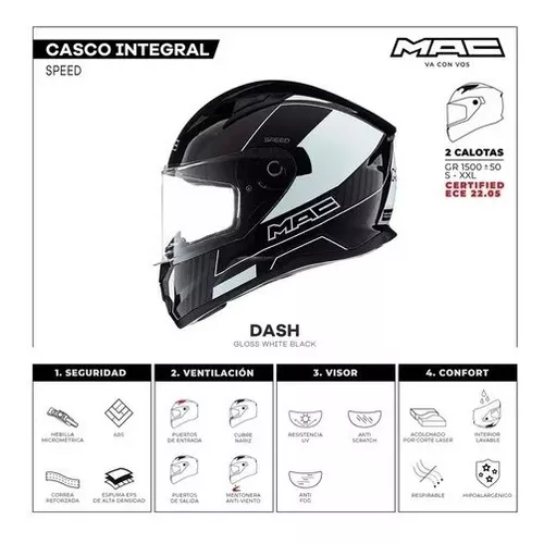 Casco Moto Integral Mac Speed Dash Gloss White Black Dafy