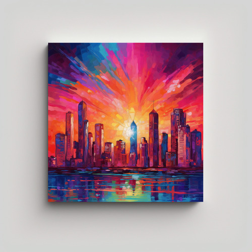 40x40cm Cuadro Decorativo Paisaje Urbano Atardecer Acrílico