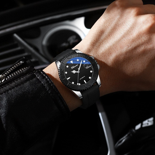 Relojes Chenxi de silicona con calendario mecánico para hombre, bisel plateado