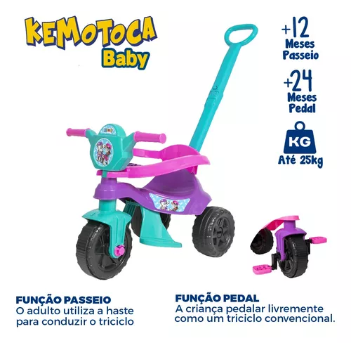 Triciclo Motoca Kemotoca Kendy - Suporta 25kg - C/ Empurrador