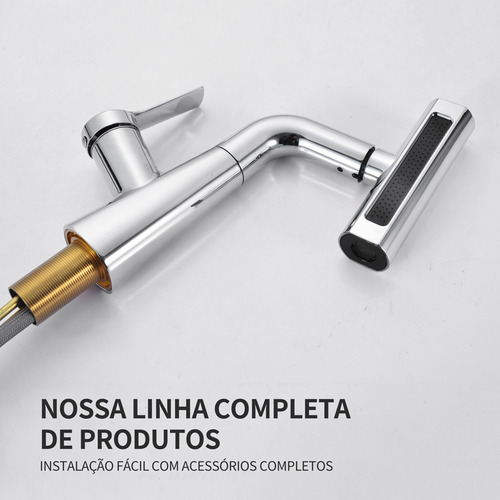 2025 Torneira De Cozinha E Banheiro Monocomando Flexível 4 Modos Misturador Aço Inoxidável 304 Brilhante - Gourmet C/ Base Giratória E Saída Cascata | Pia/bancada +60cm Tubo Dorofox