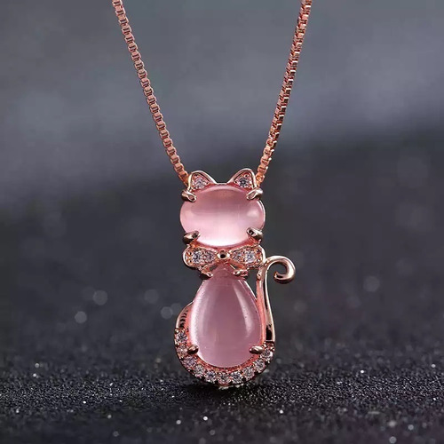 Collar De Cuarzo Rosado Diseño De Gato Para Mujer