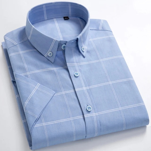 Camisa De Manga Corta A Rayas A Cuadros Para Hombre Con Bols