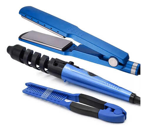 Kit Plancha 450° + Rizador + Peine Cabello Gama Titanio Pro Color Azul