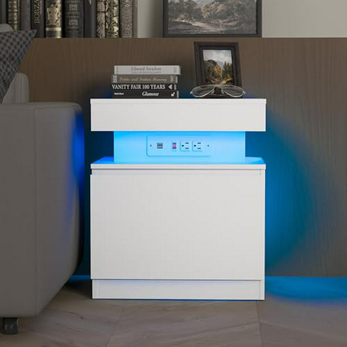 Mesa De Noche Con Led Y Cargador Compatible Con Cualquier Di