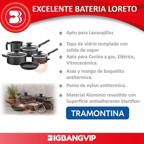 Imagen 4 de 7 de Bateria Loreto 5 Pzas Antiadherente Starflon Tramontina