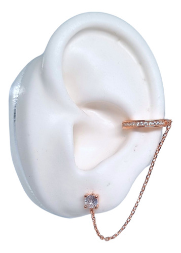 Aro Ear Cuff Con Cadena Y Pasante Cubic De Plata 925 Rosé