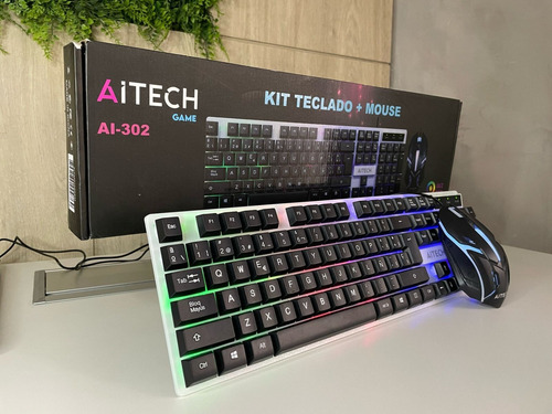 Kit Teclado Y Mouse Gamer Aitech Con Cable Ai-302 C/luz Led Mouse Negro Teclado Negro