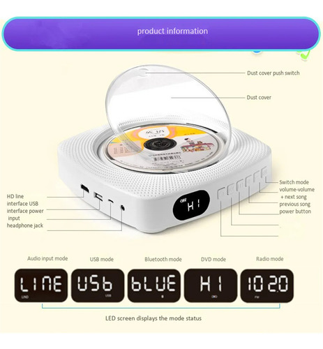 Leitor Portátil De Dvd/cd Com Bt, Controle Remoto, Fm, Conex