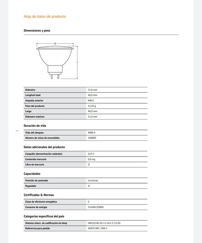 Foco Dicroica Halogena 50w 12v Cool Blue 36° Gu5,3 Osram Ale
