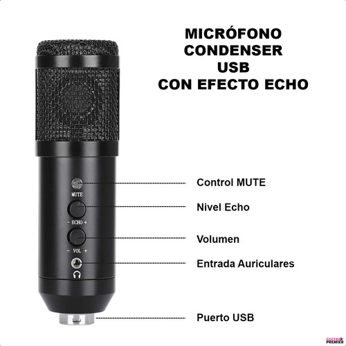 Micrófono Condenser Usb Con Efecto Echo Camara Soporte Cable Color Negro