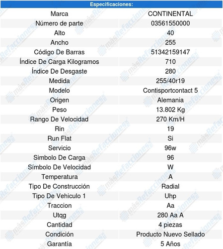 Kit 4 Llantas 255/40r19 96w Contisportcontact 5 Run Flat