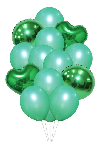 Set 14 Globos Metalizados Cumpleaños Corazon Circulo Verde