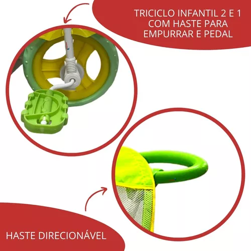 Triciclo Motoca Infantil Passeio Empurrador Pedal Som Verde