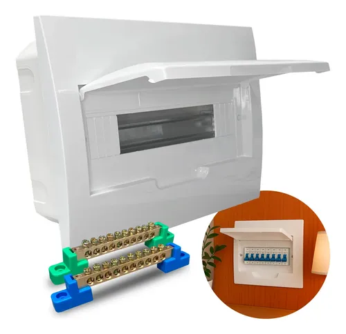Foto real de Kit Quadro de Distribuicao PVC 12 Polos Embutir Barramento