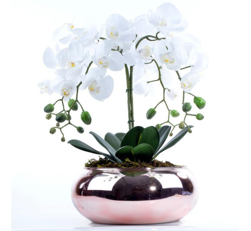 Arranjo De Orquídea Artificial Branca 4 Hastes Vaso Rose Gol