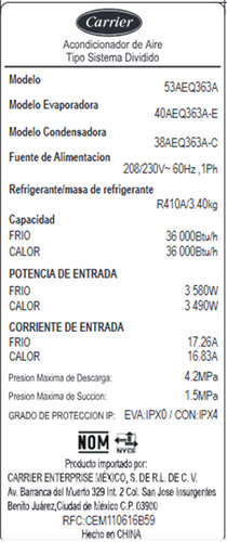Minisplit Carrier Cool Easy 3 Ton Frío Calor Inverter 220