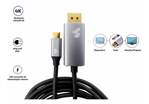 Imagem 3 de 6 de Cabo Adaptador Usb-c Para Displayport 4k 1.8 Metros Converso