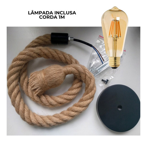 Kit 3 Pendente Corda Soquete Sisal Com Lâmpada Filamento Led Unica