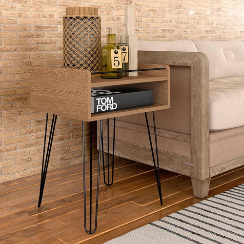 Mesa Lateral De Apoio Sala Com Pé Aramado Job Car/ame - Ma Cor Carvalho Americano