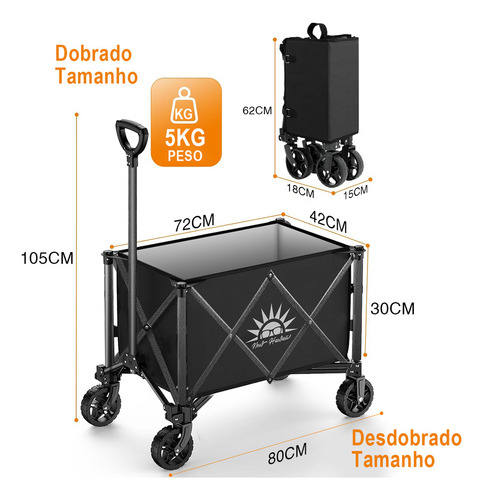 Carrinho Dobrável Multiuso Para Camping Pet Até 230l Preto