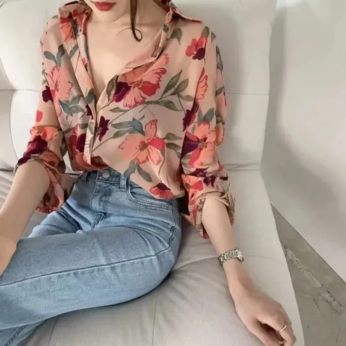 Blusa Floral De Chifón Para Mujer, Camisa De Manga Larga