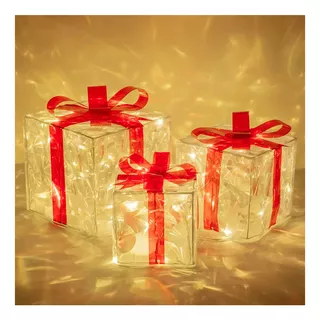 Par De 3 Caixas De Presente Decorativas Iluminadas De Natal