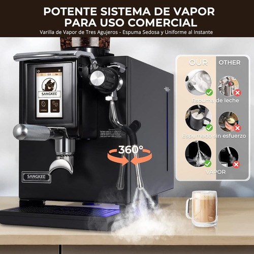 SANGKEE Cafetera Espresso Comercial, con molinillo integrado y espumador de leche, Doble Caldera, control PID+NTC, Rey de la relación calidad-precio comercial, Ideal Para Cafeterías Y Uso Negocios