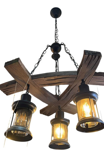 Lampara Rustica Colgante De Techo Madera Y 3 Faroles