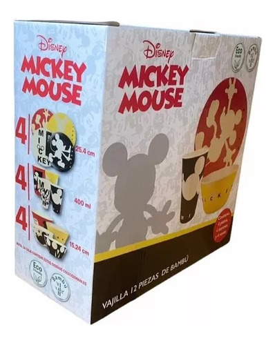 Juego Vajilla De Bambú Mickey Mouse Disney Colección 12 Pzs