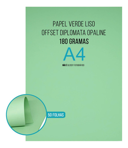 Papel Color 180g A4 Diplomata Opaline Offset Liso 50 Folhas Cor Verde