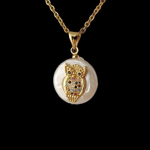 Collar Búho Owl Perla Agua Dulce Cultivada Chapa Oro 18 K