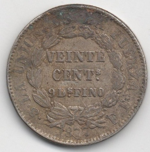  Moneda Bolivia - Plata 900 - 20 Ctvs. 1877 