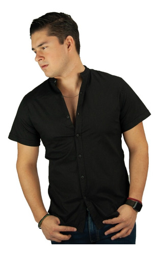 Camisa Manga Corta De Hombre Casual Cuello Mao Stretch Negra