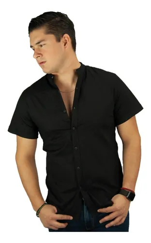 Camisa Corta De Hombre Casual Cuello Mao Negra