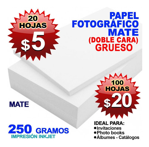 Papel Fotografico Mate Doble Lado 250 Gramos 20 Hojas $5