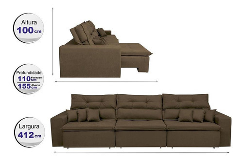 Sofá Cairo 4,12m Retrátil Reclinável Tecido Suede Café Cama inBox